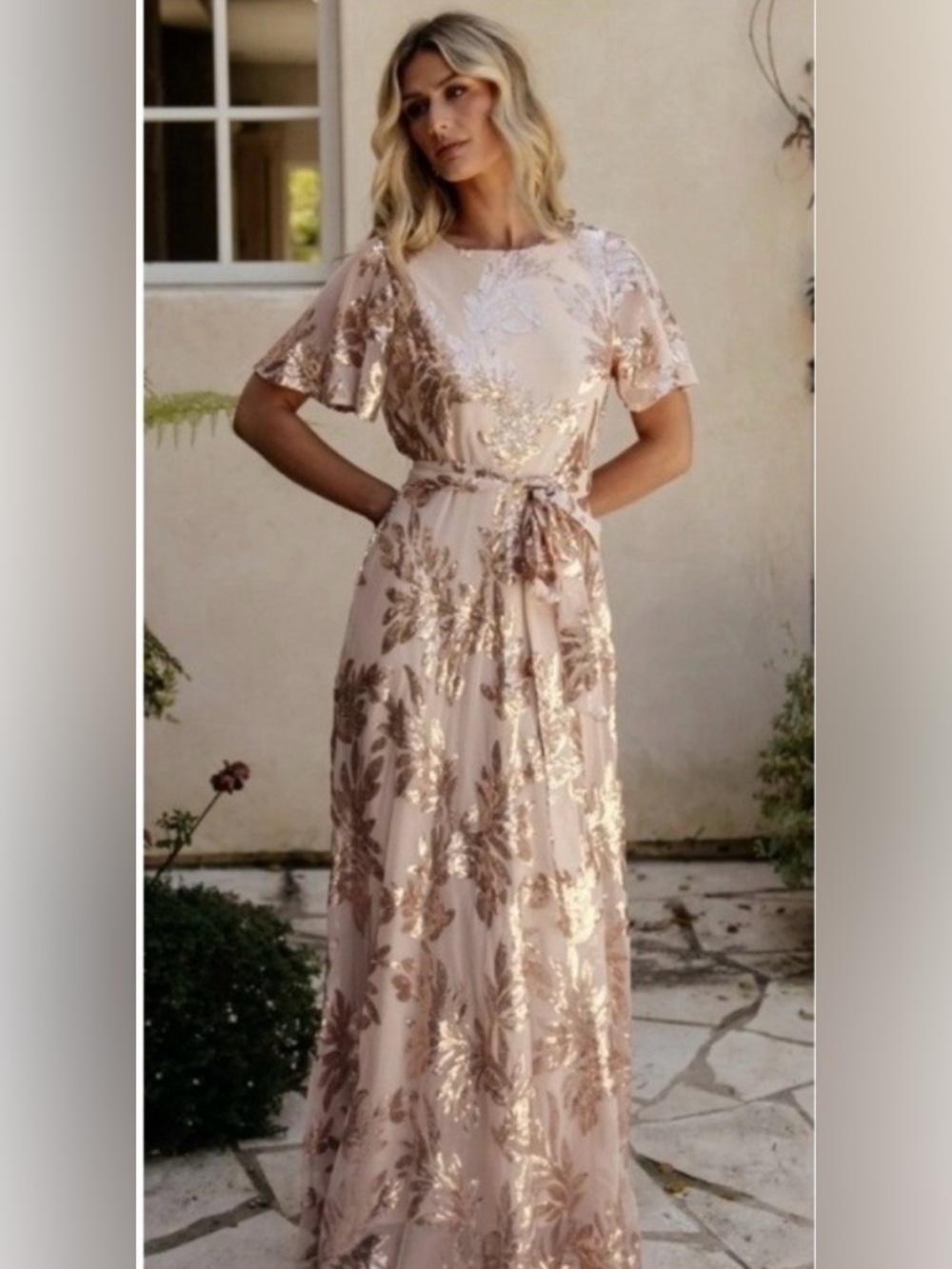 Baltic Born Muse Sequin Maxi Dress Rose Gold XL Flutter Sleeve